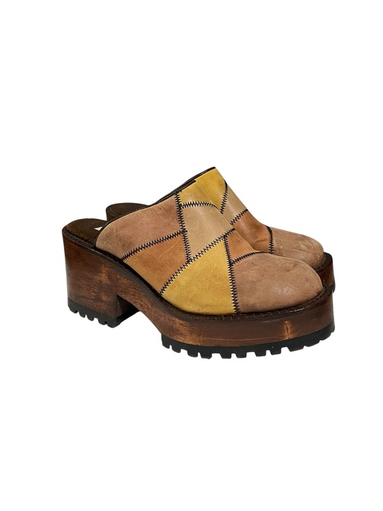 Steve Madden Shoes - Y2K VTG Steve Madden Brown Leather Patchwork Platform Clog Mules